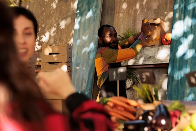 A bustling local market in a small Brazilian town. Shoppers are using Bolsa Família cards to purchase food and other essential goods, showcasing the program's impact on the local economy.