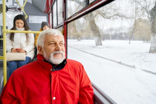 An elderly man happily showing his Carteira do Idoso while standing in front of a modern long-distance bus. The image conveys a sense of freedom and access to affordable travel.