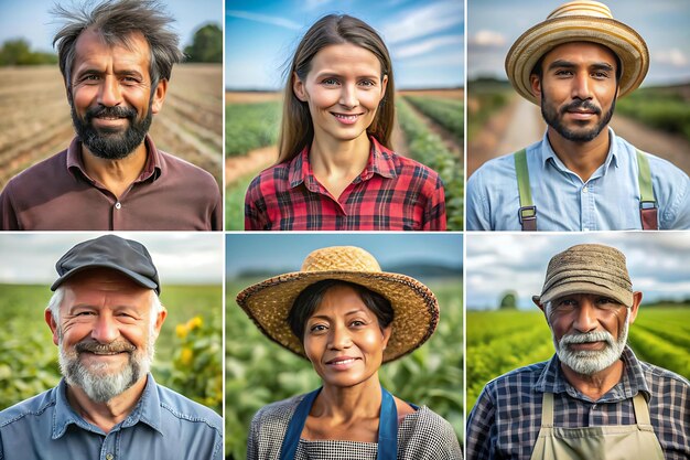 A photo depicting a diverse group of farmers (men and women of different ages and ethnicities) proudly displaying their freshly harvested produce (various types of vegetables and fruits) at a local farmers' market or cooperative. The setting is outdoors, with a backdrop of rural scenery, green fields, and blue sky, conveying a sense of community, sustainability, and connection to the land.