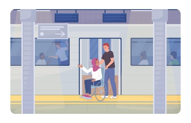 A person in a wheelchair is receiving assistance from a train station employee, who is pointing toward the train platform. Both are smiling and the scene conveys a positive and helpful interaction.