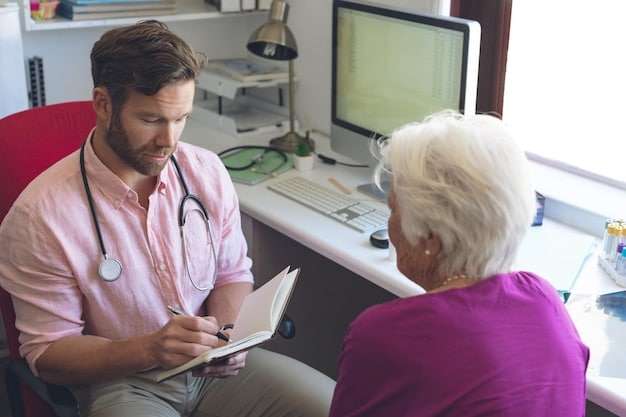 A doctor is examining a patient's medical records in a well-lit office. The patient looks concerned while the doctor explains the diagnosis and potential treatments.
