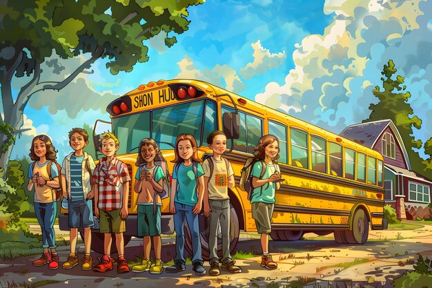 A group of school children getting on a school bus in front of a rural school. The bus is decorated with colorful drawings.