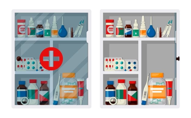 A visual representation of a medicine cabinet filled with various medications, each labeled with the conditions they treat, such as hypertension, diabetes, and asthma, under the 