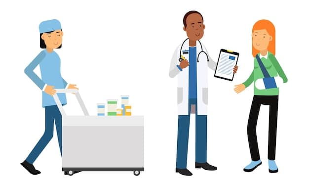 A person is handing over a prescription to a pharmacist standing behind a counter full of medications. The scene focuses on the transaction and highlights the role of the pharmacist in dispensing medicines through the 