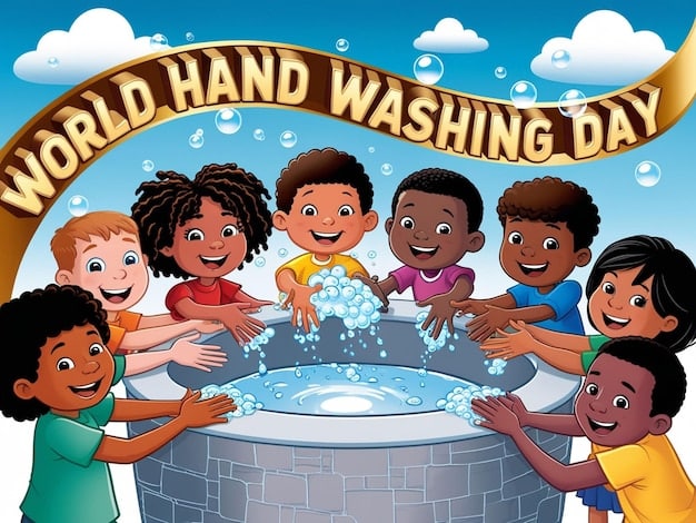 A group of children happily washing their hands with soap and clean water from a new handwashing station in a school. The scene is bright and cheerful, showcasing the positive impact of access to clean water and hygiene education.