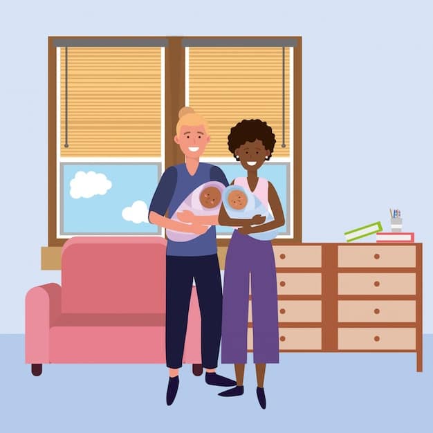 A community health worker is visiting a family in their home, holding a baby and providing guidance to the mother. They are both smiling and looking at the baby.