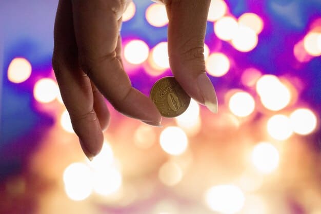 A close-up of hands exchanging a small amount of money, symbolizing microcredit, with a blurred background of a busy marketplace.