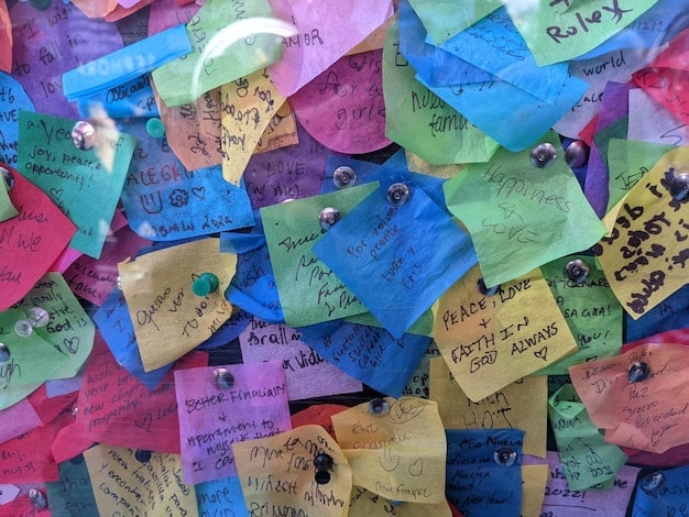 A close-up shot of a whiteboard covered in sticky notes, each representing a different community need or resource. The notes are color-coded and organized into categories, showing a comprehensive overview of the community's landscape.
