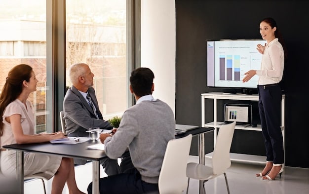 A person giving a presentation to a group of executives in a modern office setting, with a slide showing a compelling graph of a community initiative's social impact. The atmosphere is professional and engaging, emphasizing the importance of data-driven proposals.