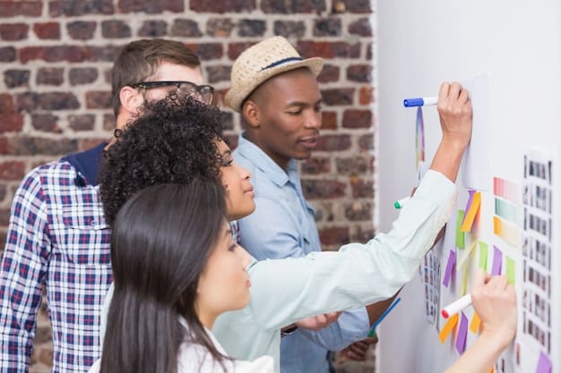 A diverse team of volunteers brainstorming ideas, writing on a whiteboard, and discussing project plans. The setting is a modern office space, promoting a sense of innovation and collaboration.