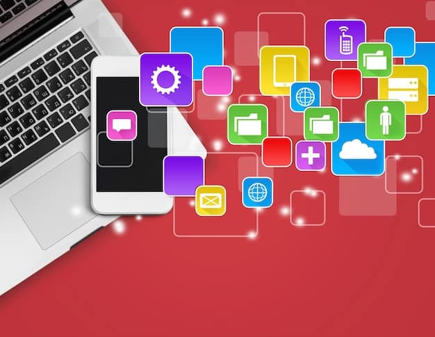 A laptop displaying various social media platforms and email marketing tools, with icons representing different community engagement strategies, set against a background of a co-working space filled with people collaborating.