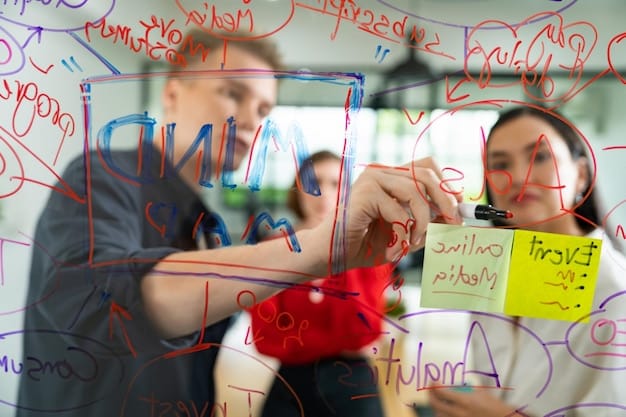 A whiteboard filled with ideas, diagrams, and sticky notes, representing a brainstorming session and the collaborative generation of innovative solutions for a community project.