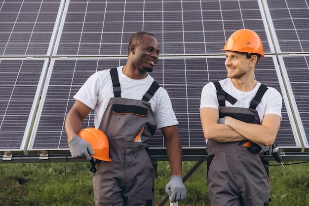 A diverse team of solar panel installation professionals working on a residential rooftop. The image highlights teamwork, safety gear, and the precision required for installing solar panels. Focus on the collaborative spirit and technical skills involved.