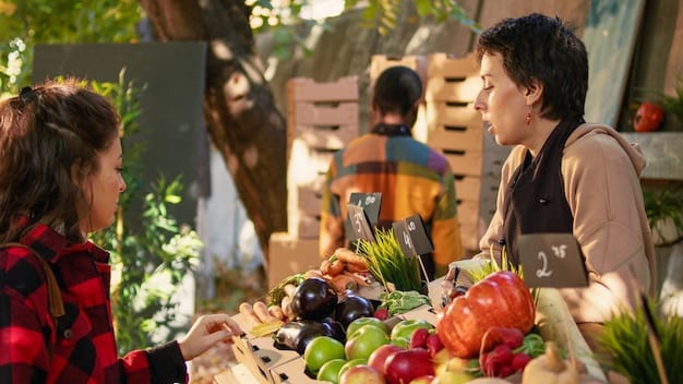 A person at a farmers market, selecting fresh, locally-sourced produce like colorful fruits and vegetables.