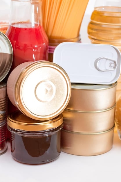 Close-up shot of various stylish and reusable containers (glass jars, stainless steel boxes, beeswax wraps) filled with food items in a pantry. The image highlights the aesthetic and practicality of reusable storage solutions.