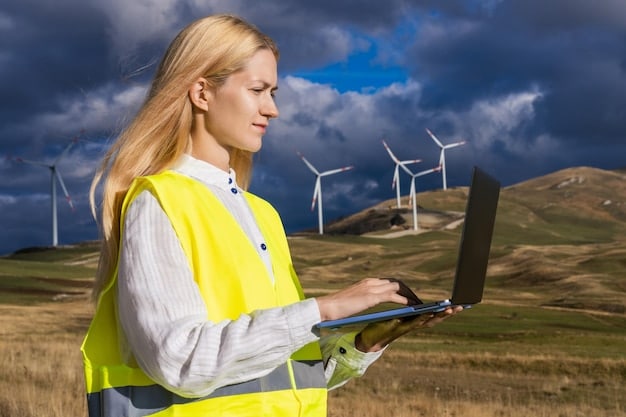 An environmental engineer working on-site at a wind farm, inspecting turbine performance and analyzing data on a laptop, wearing safety gear and demonstrating technical expertise.