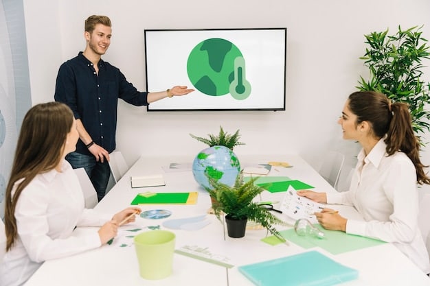 A sustainability consultant giving a presentation to a corporate team about reducing carbon emissions, using data visualizations on a screen.