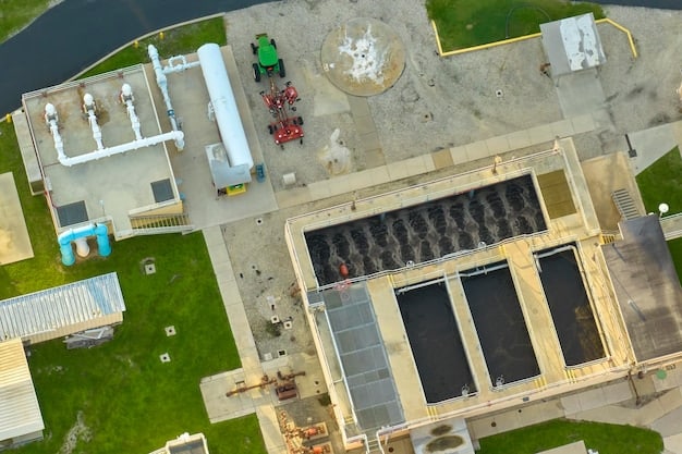 A modern construction site featuring a rainwater harvesting system connected to a green roof, with workers installing solar panels on the side of the building.
