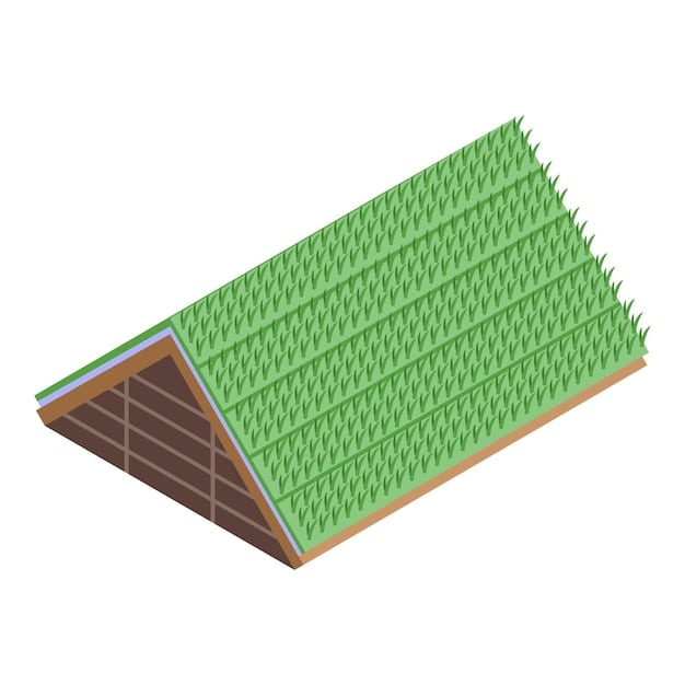 A detailed cross-section of a green roof system, showing the various layers including vegetation, soil, drainage layer, waterproof membrane, and roof structure.