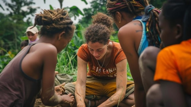 A diverse group of indigenous people in the Amazon rainforest, engaged in a sustainable tourism activity, showcasing their crafts and traditions. They are smiling and interacting with tourists, exemplifying cultural preservation and community empowerment.