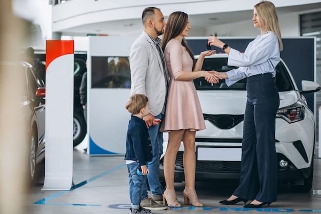 A family looking at a variety of electric cars at a dealership. The cars are colorful and modern, with charging cables attached. The interior of the dealership is bright and spacious, with large windows and displays showcasing the latest electric vehicle technology.