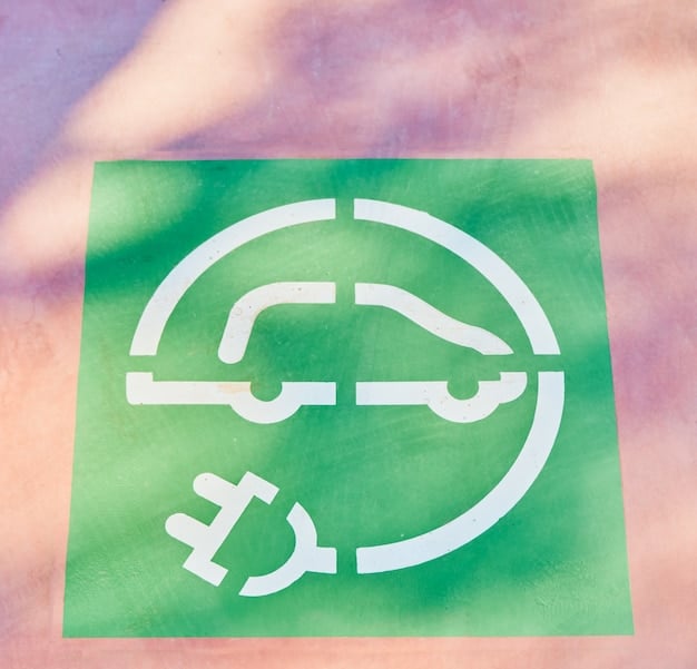 A close-up of a charging port of an electric car, with a green leaf symbol next to it. The car is parked in a natural setting, surrounded by trees and grass. The image conveys the idea of sustainable energy and environmental responsibility.