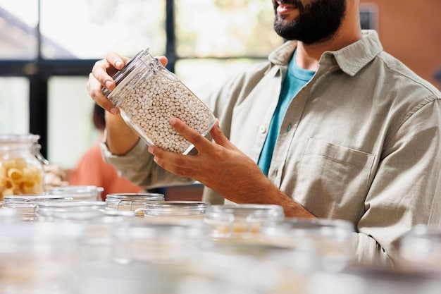 A person filling a glass jar with grains from a bulk food dispenser in a zero-waste store. The focus is on the sustainable and eco-friendly aspect of shopping without plastic packaging. The background shows various dispensers and organic products.
