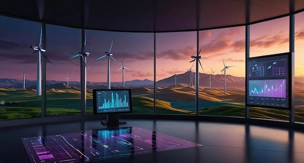 A scenic view of a modern control center for a wind farm, with multiple screens displaying real-time data about wind speeds, turbine performance, and energy output. Technicians are seen monitoring the data, highlighting the technological aspect of wind energy management.