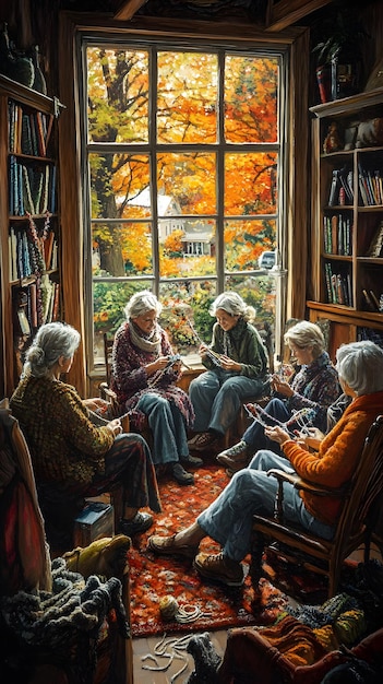 An elderly woman with gray hair smiling warmly as she reads a book to a group of children sitting on colorful cushions in a library.