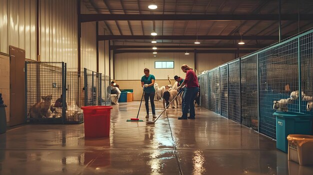 A group of volunteers cleaning kennels in an animal shelter, wearing gloves and using cleaning supplies. There are dogs in the background looking on curiously.
