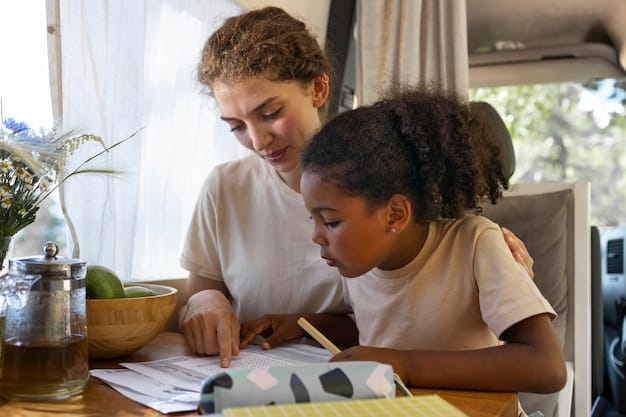 A student tutor patiently assisting a young child with their homework in a brightly lit community center. Books and educational materials are spread across the table.