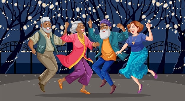 A group of senior citizens joyfully participating in a dance class, their faces radiating with energy and laughter. The colorful clothing and upbeat music create a vibrant atmosphere of community and healthy activity.