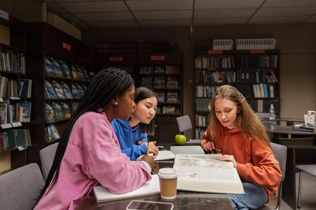 A group of volunteers helping students with their homework in a school library, providing guidance and support, books and study materials scattered on the table.