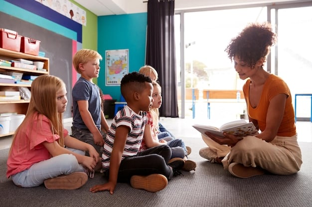 A volunteer reading a book to a group of elementary school students in a cozy corner of the classroom, fostering a love for reading.