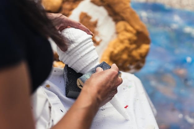 A close-up shot of a volunteer delicately restoring an antique painting in a museum setting. The volunteer is using fine brushes and tools, carefully working to preserve the details of the artwork.