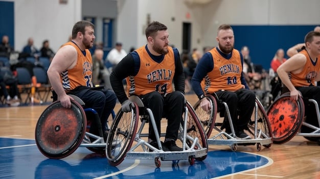 A group of disabled athletes participating in a wheelchair basketball game, showcasing their skills and determination.