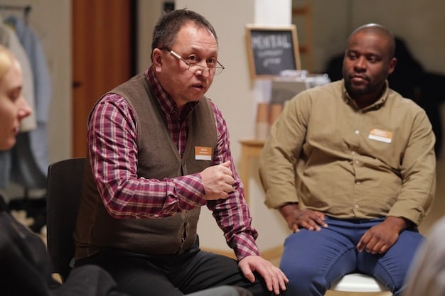 A team leader mediating a discussion between two volunteers, using active listening and empathy to resolve a conflict.
