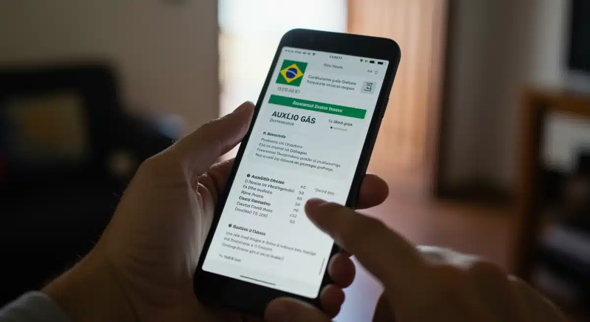Mãos segurando um smartphone com informações sobre o Auxílio Gás Nacional, ilustrando o acesso digital aos benefícios.