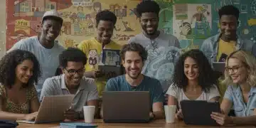 Pessoas colaborando com ferramentas digitais em uma iniciativa comunitária no Brasil.