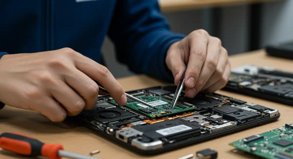Mãos de especialista desmontando um laptop para recuperação de componentes em um projeto de reciclagem de lixo eletrônico.