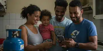 Família brasileira feliz em sua cozinha, com botijão de gás, simbolizando o impacto positivo do Auxílio Gás Nacional.