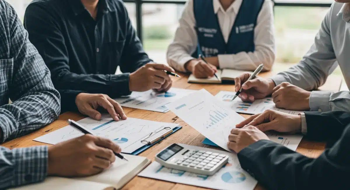 Líderes comunitários e voluntários analisando relatórios financeiros para otimização de custos.