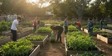 Pessoas colaborando em uma horta comunitária, otimizando recursos e fortalecendo laços sociais.