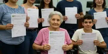 Idosa e pessoa com deficiência analisando documentos para solicitar o BPC em 2025.