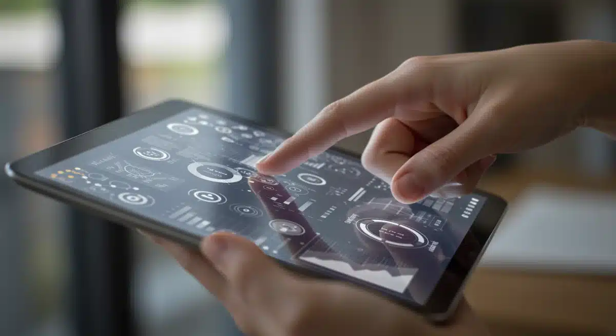 Painel de controle digital mostrando métricas de gestão de projetos comunitários.