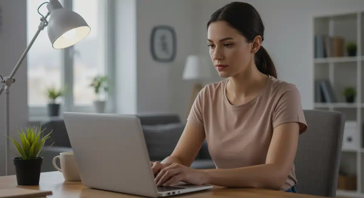 Jovem profissional engajada em voluntariado digital, trabalhando em seu laptop em um ambiente de escritório em casa, demonstrando foco e dedicação.