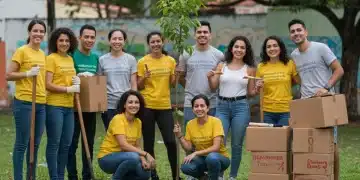 Grupo diversificado de voluntários brasileiros sorrindo e trabalhando juntos em um projeto comunitário, plantando árvores e pintando um mural, simbolizando o futuro do voluntariado.