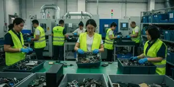 Voluntários trabalham em centro de reciclagem de eletrônicos, classificando componentes para reuso e destinação correta.