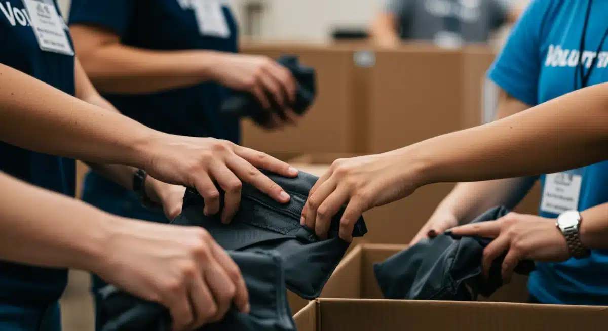 Mãos de voluntários corporativos colaborando em uma tarefa prática, como a montagem de kits, simbolizando o trabalho em equipe e o impacto direto.