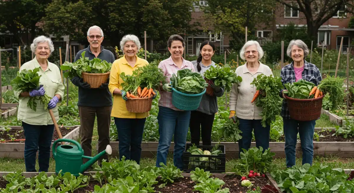 Membros da comunidade colhendo vegetais frescos em uma horta urbana produtiva, com cestas cheias de alimentos.
